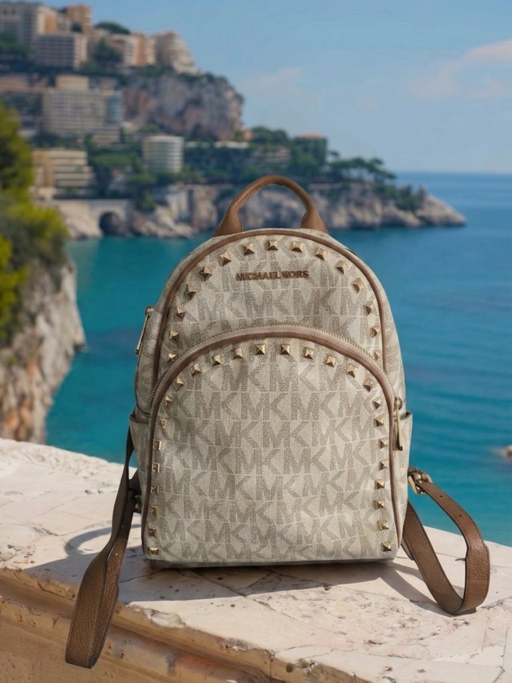 Michael Kors Beige/Tan MK Logo Backpack with Gold Studs